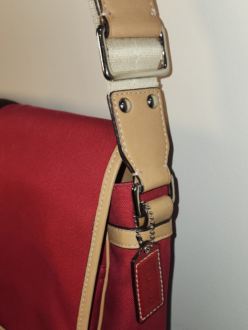 Coach Leather Red Canvas Messenger Bag Cream Trim Striped Accent Business Tote - Picture 4 of 16